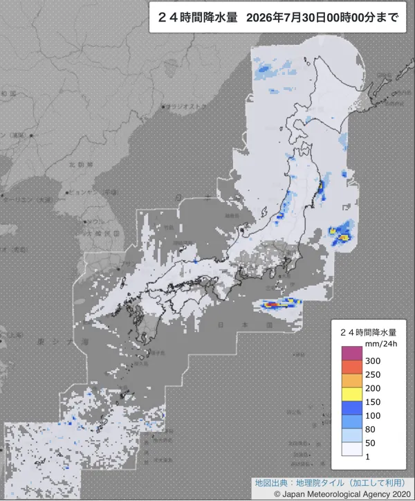 2026年7月29日の日本周辺の日解析雨量の図