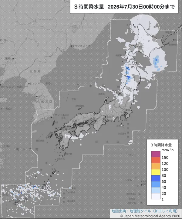 2026年7月29日21〜24時の日本周辺の3時間解析降水量