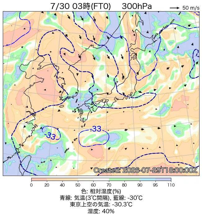 2026年7月30日の日本周辺の300hPa天気図（3時）