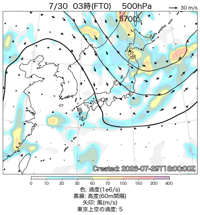 2026年7月30日の日本周辺の500hPa天気図（3時）