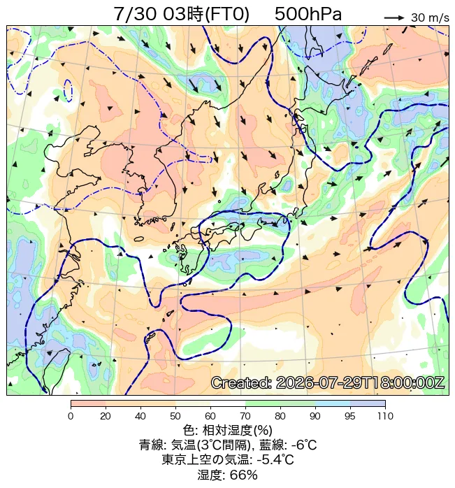 2026年7月30日の日本周辺の500hPa天気図（3時）