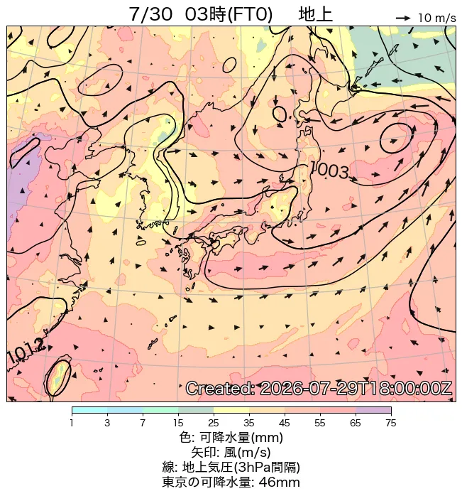 2026年7月30日の日本周辺の地上天気図（3時）