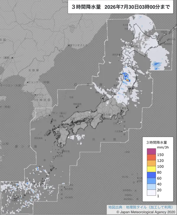 2026年7月30日0〜3時の日本周辺の3時間解析降水量