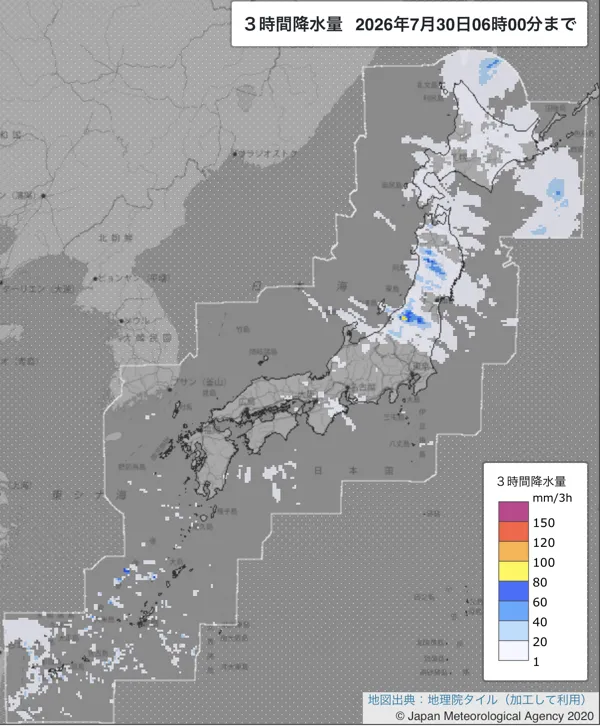 2026年7月30日3〜6時の日本周辺の3時間解析降水量