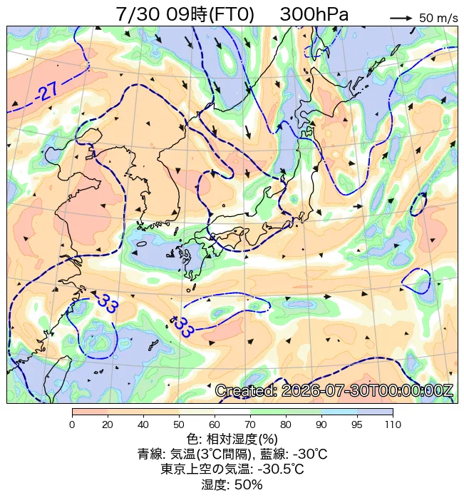 2026年7月30日の日本周辺の300hPa天気図（9時）