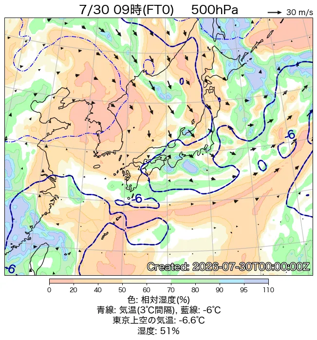 2026年7月30日の日本周辺の500hPa天気図（9時）
