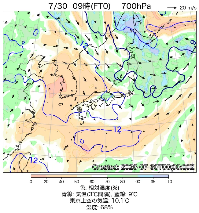 2026年7月30日の日本周辺の700hPa天気図（9時）