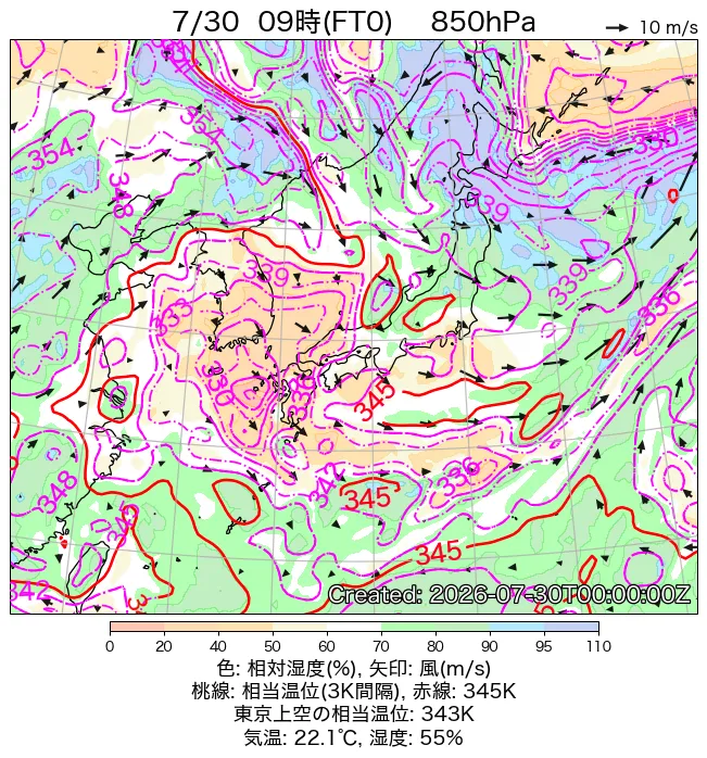 2026年7月30日の日本周辺の850hPa天気図（9時）