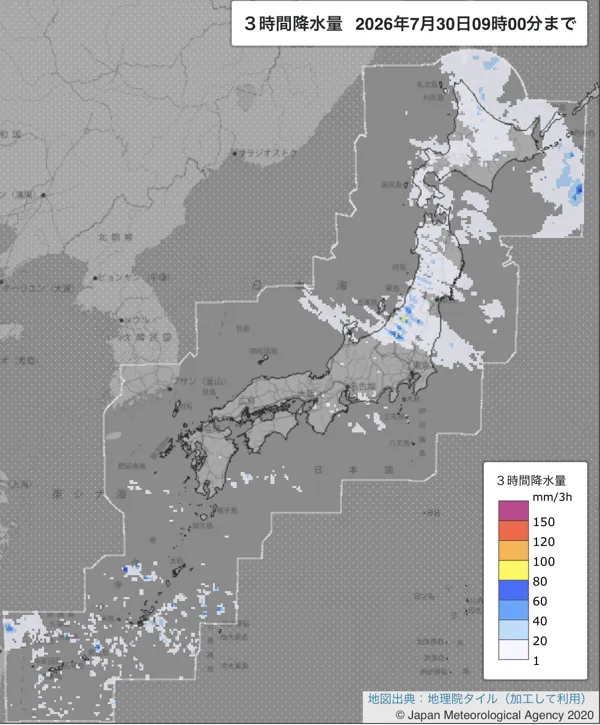 2026年7月30日6〜9時の日本周辺の3時間解析降水量