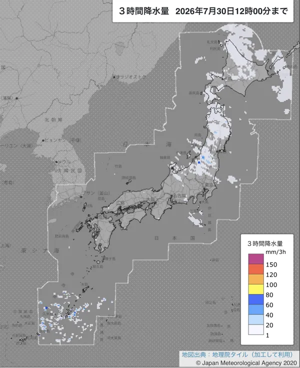 2026年7月30日9〜12時の日本周辺の3時間解析降水量