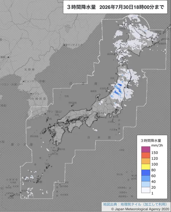 2026年7月30日15〜18時の日本周辺の3時間解析降水量