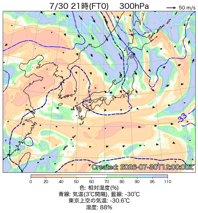 2026年7月30日の日本周辺の300hPa天気図（21時）