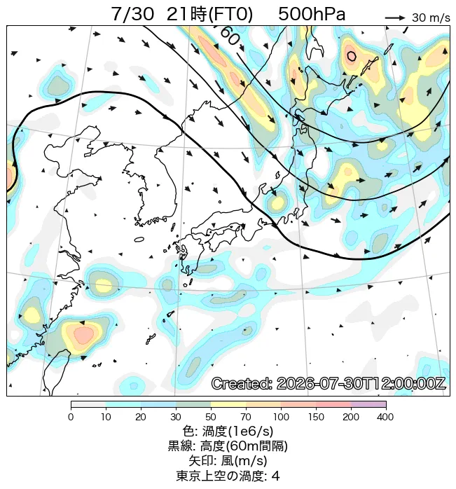 2026年7月30日の日本周辺の500hPa天気図（21時）