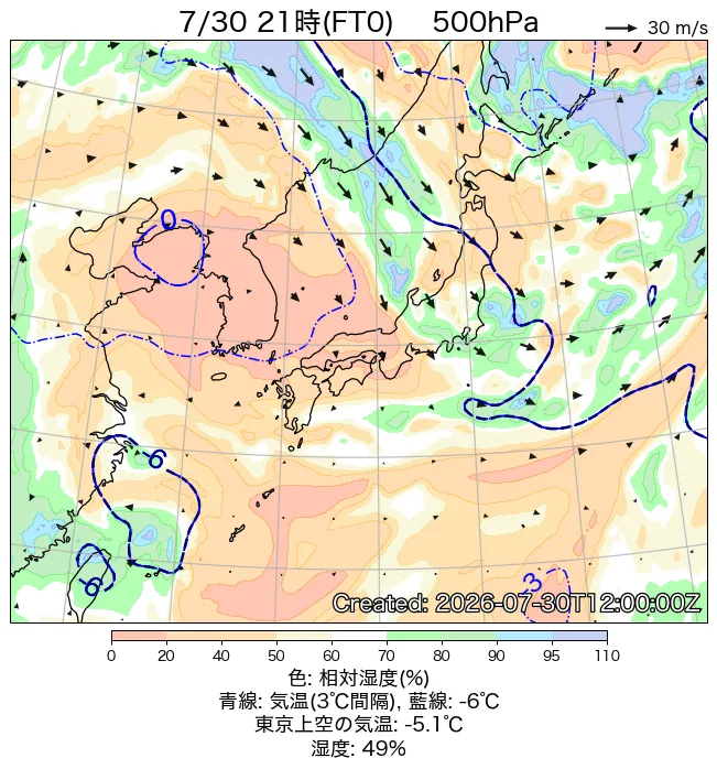 2026年7月30日の日本周辺の500hPa天気図（21時）