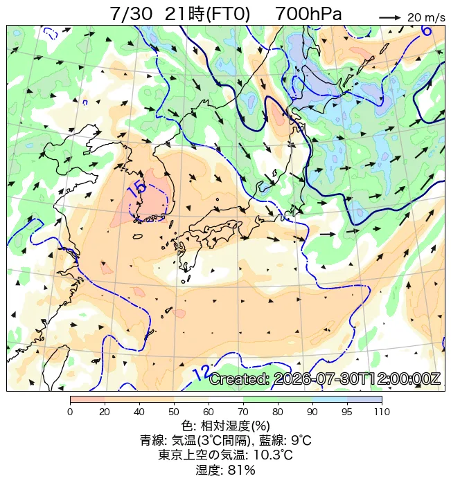 2026年7月30日の日本周辺の700hPa天気図（21時）