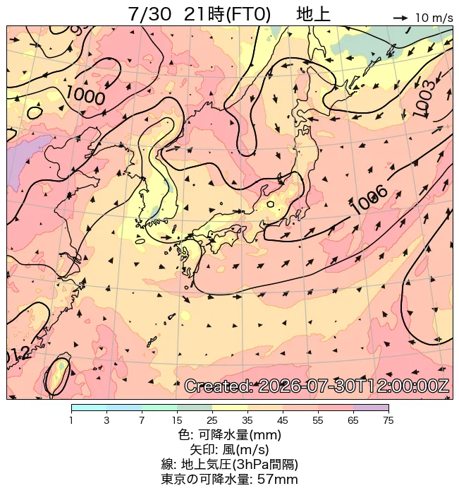 2026年7月30日の日本周辺の地上天気図（21時）