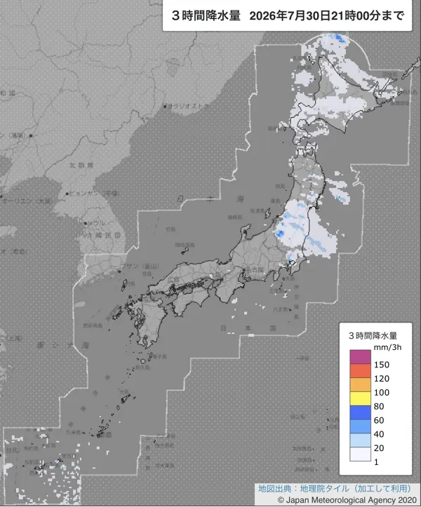 2026年7月30日18〜21時の日本周辺の3時間解析降水量