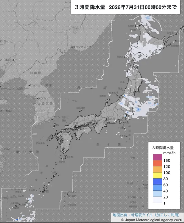 2026年7月30日21〜24時の日本周辺の3時間解析降水量