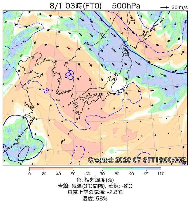 2026年8月1日の日本周辺の500hPa天気図（3時）