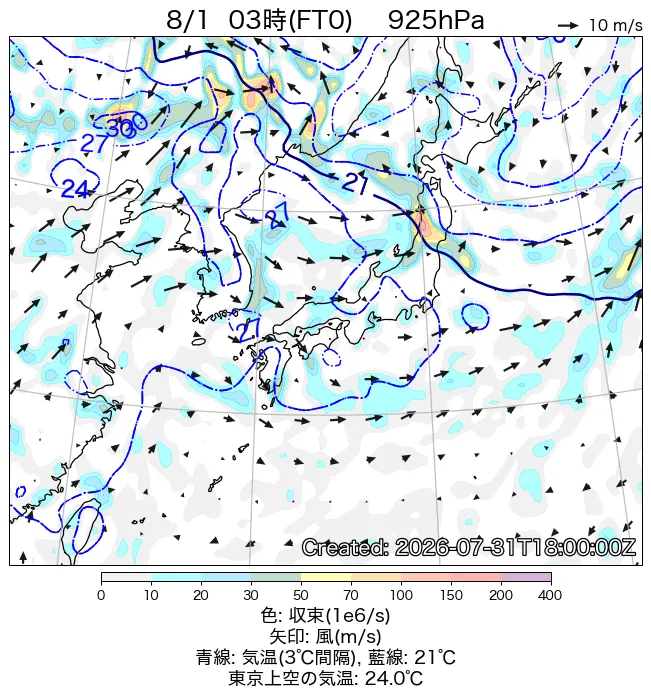 2026年8月1日の日本周辺の925hPa天気図（3時）