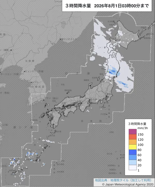 2026年8月1日0〜3時の日本周辺の3時間解析降水量