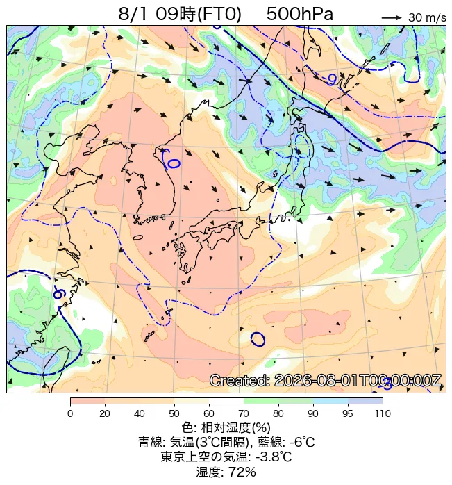 2026年8月1日の日本周辺の500hPa天気図（9時）