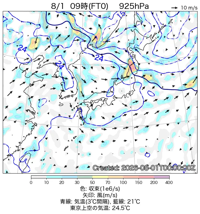 2026年8月1日の日本周辺の925hPa天気図（9時）
