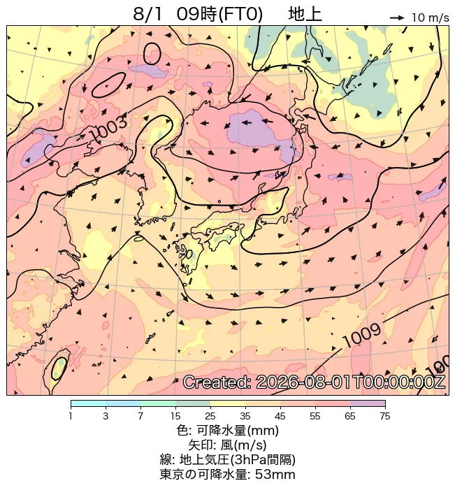 2026年8月1日の日本周辺の地上天気図（9時）