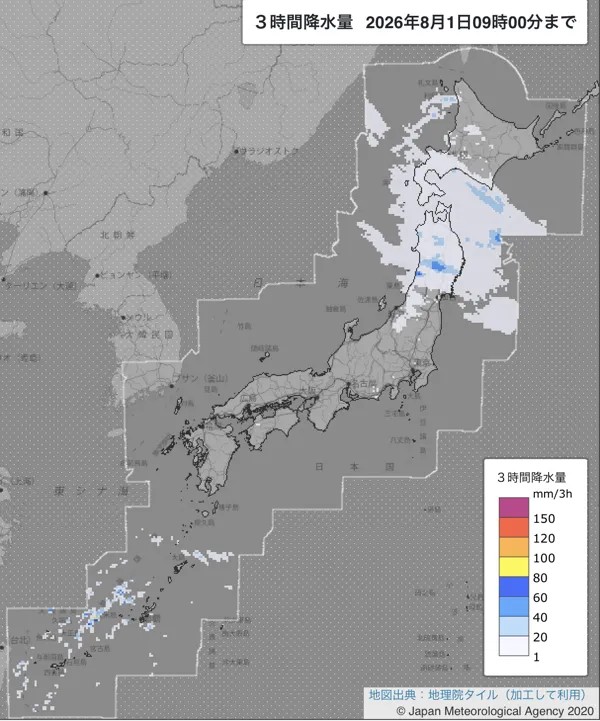 2026年8月1日6〜9時の日本周辺の3時間解析降水量