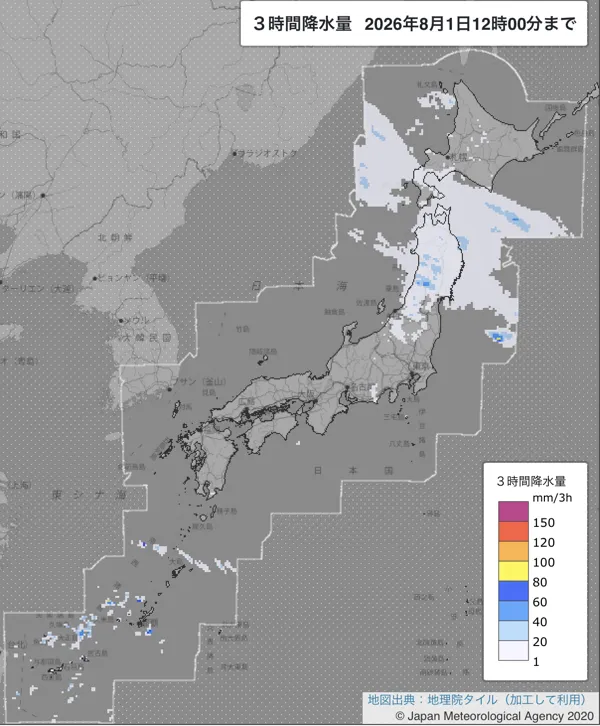 2026年8月1日9〜12時の日本周辺の3時間解析降水量