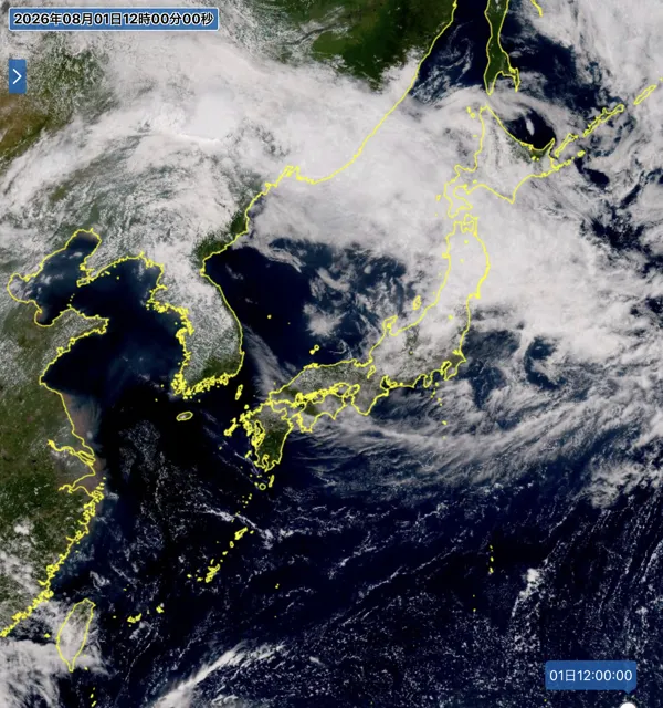 2026年8月1日12時の日本周辺の衛星可視画像