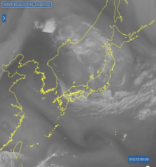 2026年8月1日12時の日本周辺の衛星水蒸気画像