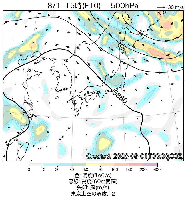 2026年8月1日の日本周辺の500hPa天気図（15時）