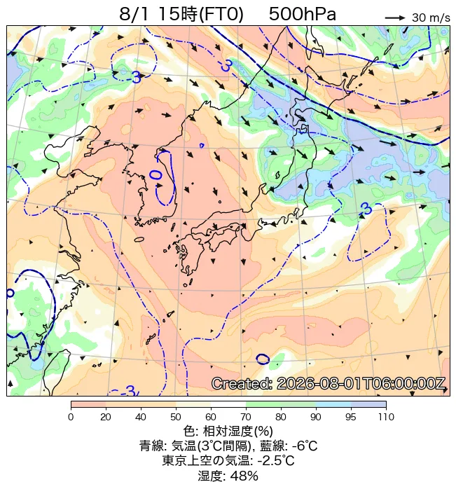2026年8月1日の日本周辺の500hPa天気図（15時）