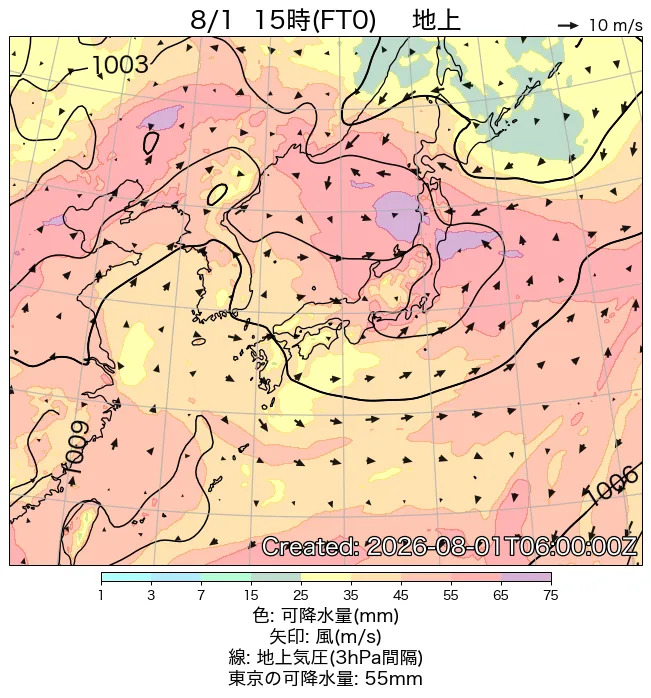 2026年8月1日の日本周辺の地上天気図（15時）