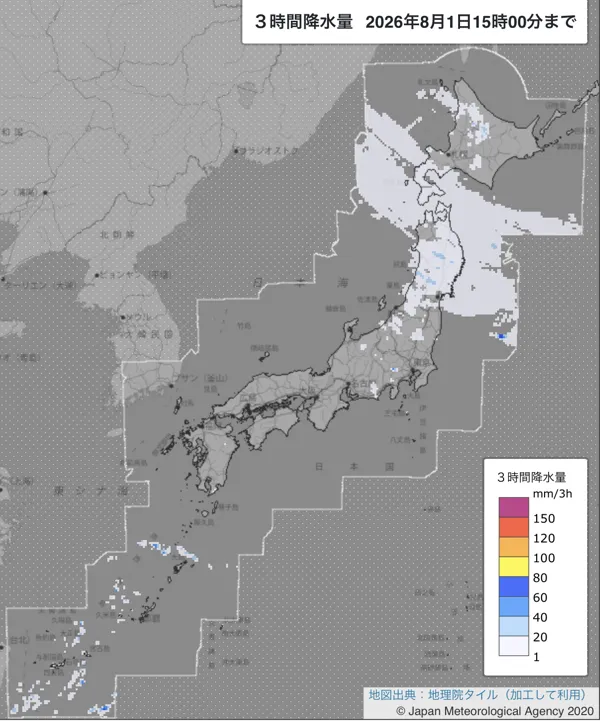 2026年8月1日12〜15時の日本周辺の3時間解析降水量