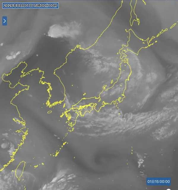 2026年8月1日15時の日本周辺の衛星水蒸気画像