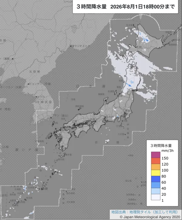 2026年8月1日15〜18時の日本周辺の3時間解析降水量