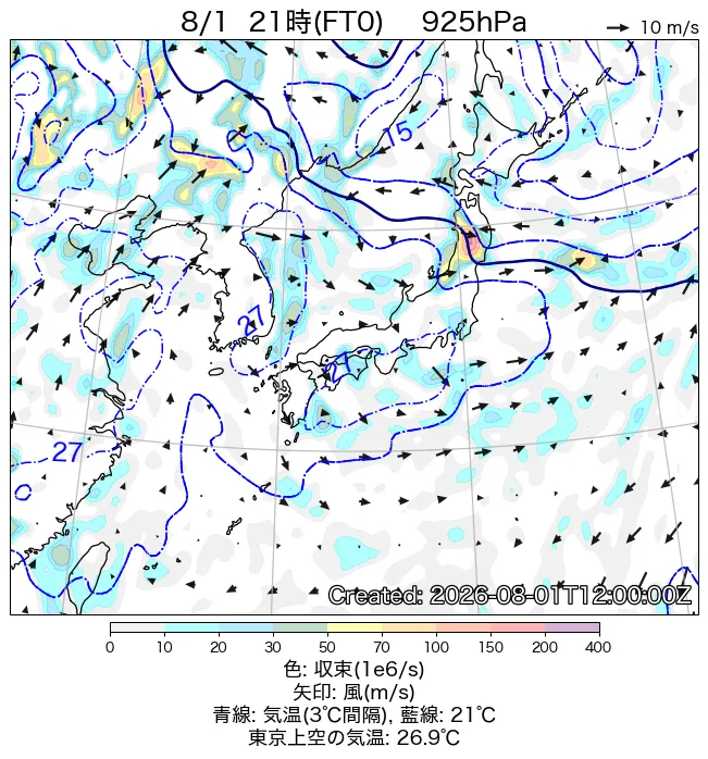 2026年8月1日の日本周辺の925hPa天気図（21時）