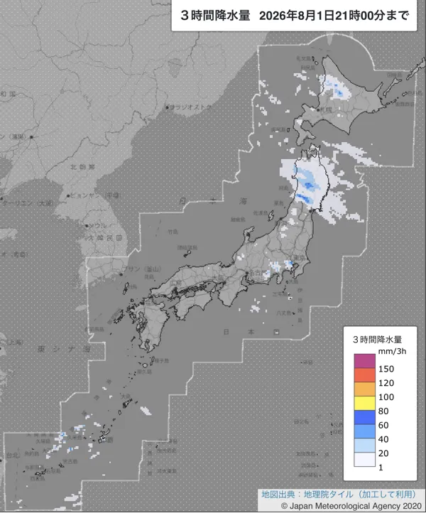 2026年8月1日18〜21時の日本周辺の3時間解析降水量