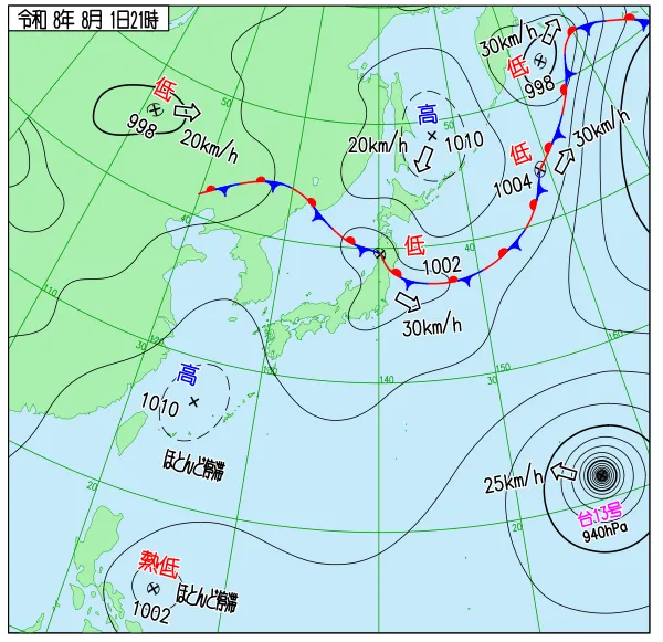 2026年8月1日21時の速報天気図