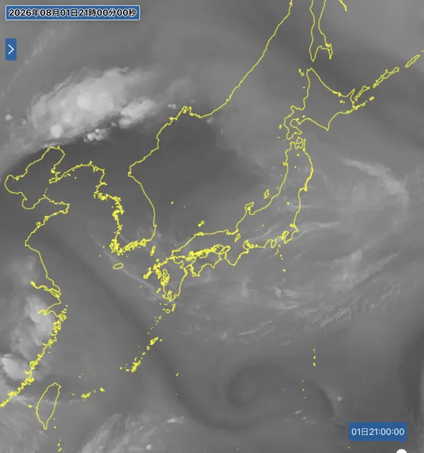 2026年8月1日21時の日本周辺の衛星水蒸気画像