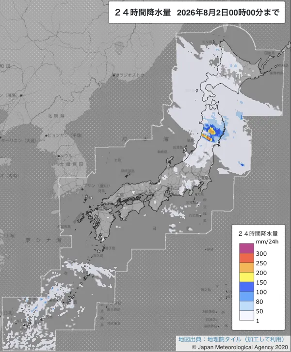 2026年8月1日の日本周辺の日解析雨量の図