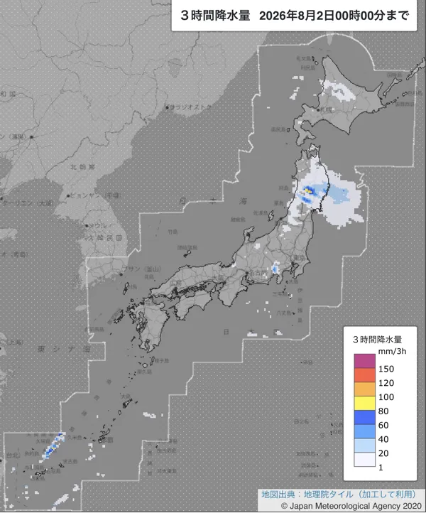 2026年8月1日21〜24時の日本周辺の3時間解析降水量