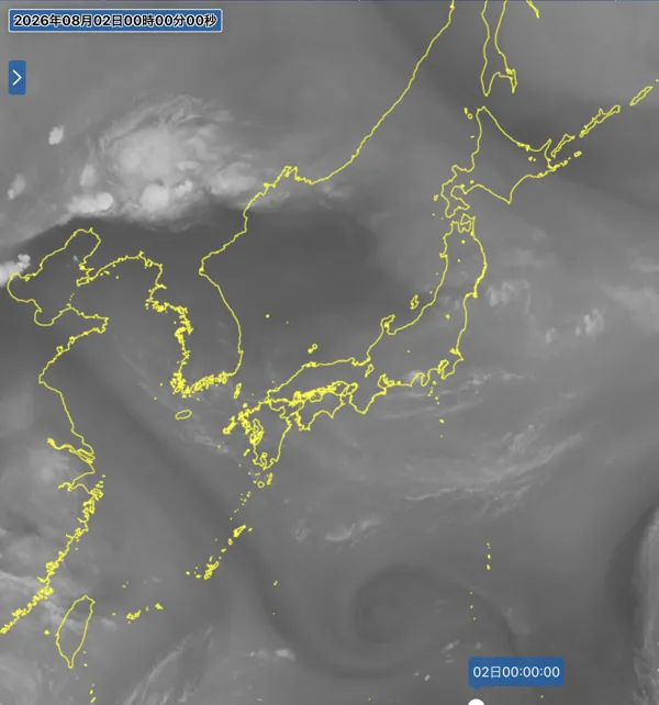 2026年8月1日24時の日本周辺の衛星水蒸気画像