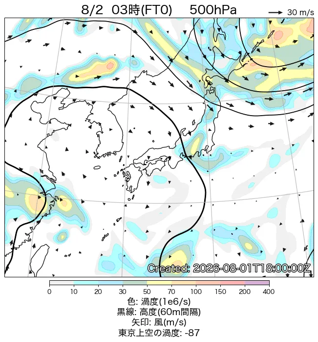 2026年8月2日の日本周辺の500hPa天気図（3時）