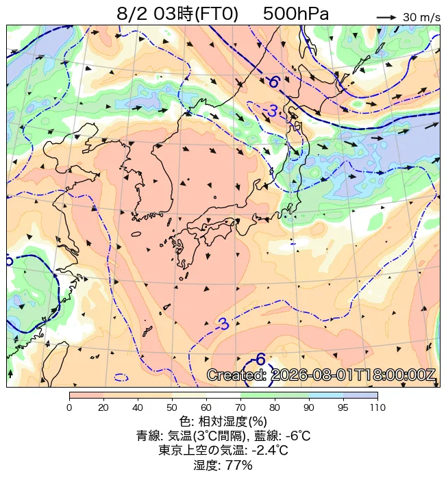 2026年8月2日の日本周辺の500hPa天気図（3時）