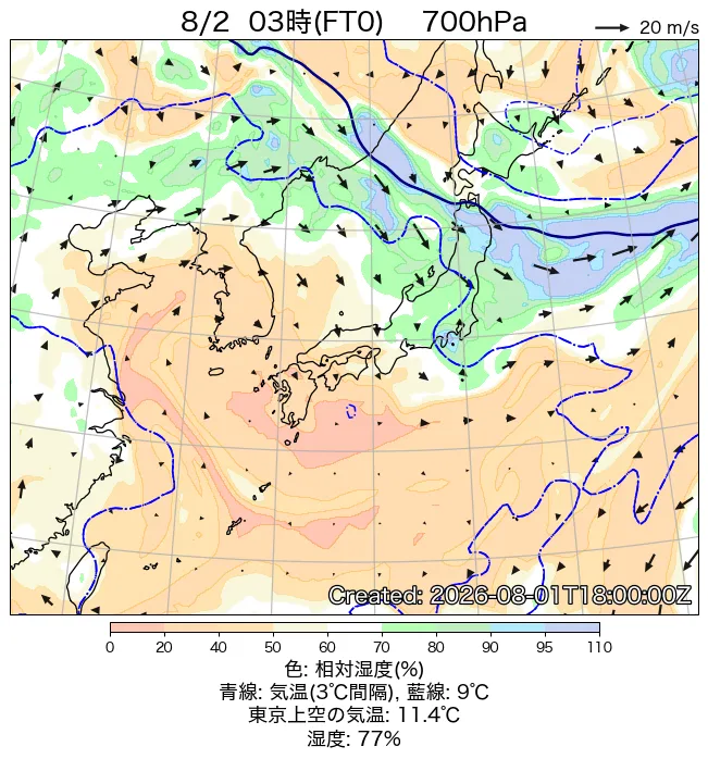 2026年8月2日の日本周辺の700hPa天気図（3時）