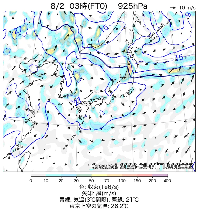 2026年8月2日の日本周辺の925hPa天気図（3時）