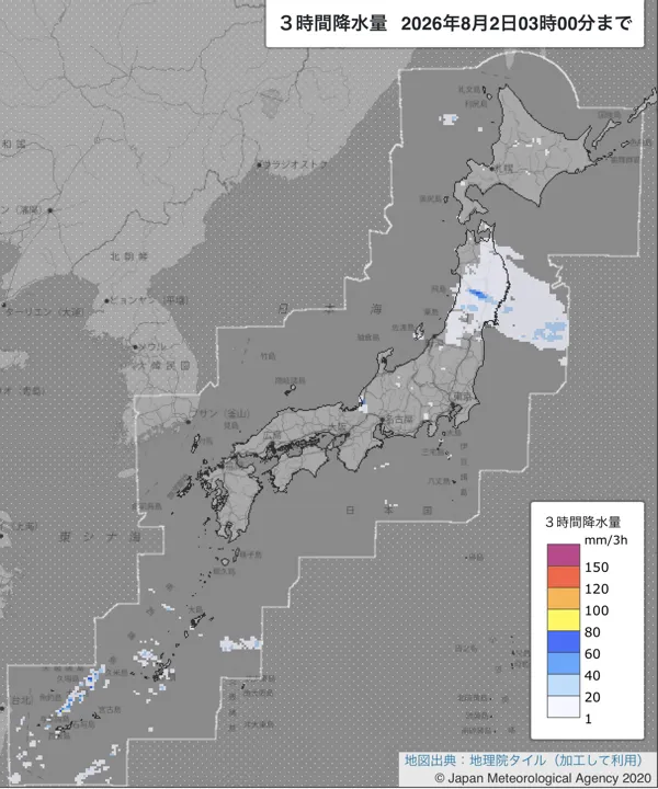 2026年8月2日0〜3時の日本周辺の3時間解析降水量